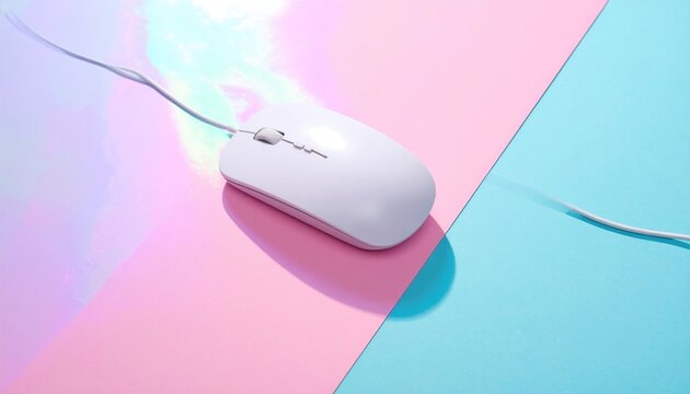 A white computer mouse rests on a pink and blue pastel backdrop, illuminated by soft, iridescent light