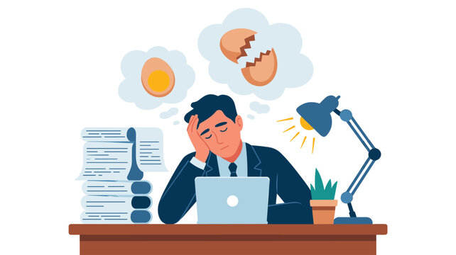 Tired businessman sitting at a desk with a laptop and stack of papers, dreaming about food while working late in a minimalist office setting.