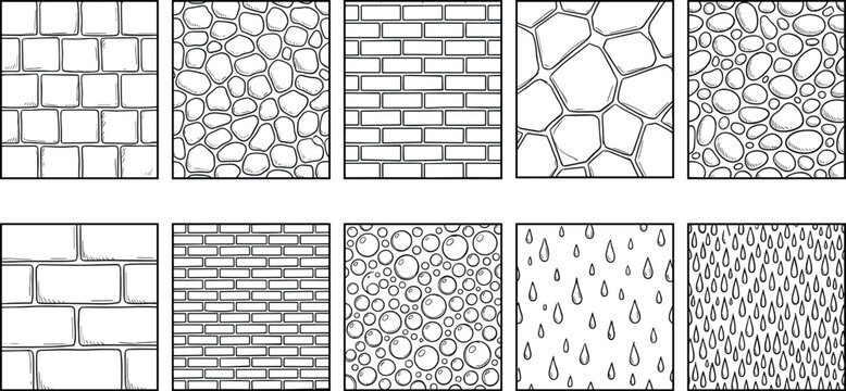 Seamless hand drawn floor patterns including stone pavers brick wall and water drops vector texture design.