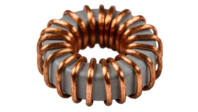 Isolated toroidal inductor with copper wire winding on a grey core, electrical component closeup