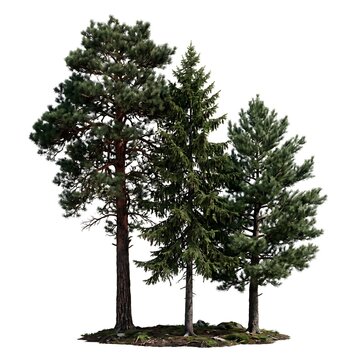 A small cluster consisting of three mature pine trees growing close together, creating a rich natural texture.