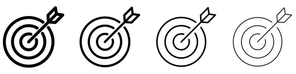 Set of target with arrow icons in line art style with editable stroke weight. Goal dart drawing with black outline on white background. Vector illustration. © Erik