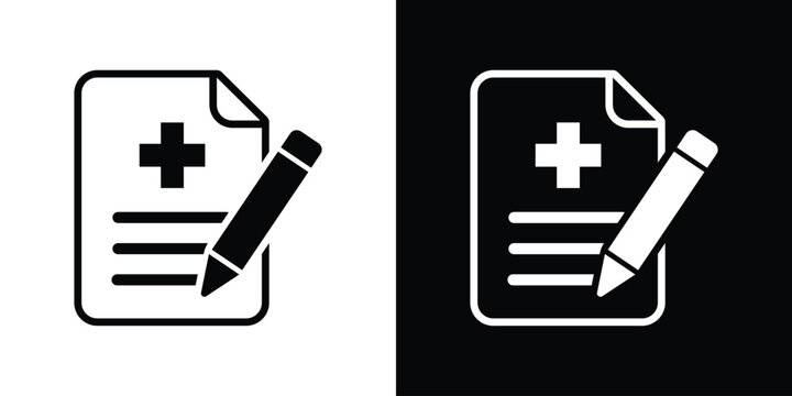 Medical prescription document icon with pencil. Black and white minimalist vector graphics for healthcare and digital rx.