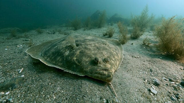 Flatfish swimming on the sandy ocean floor with aquatic plants  