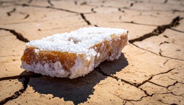 Rough hewn salt block with crystalline surface rests on cracked sunbaked clay earth