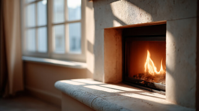 Cozy sunlit fireplace warming a tranquil room interior