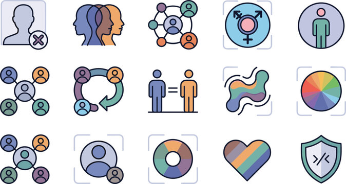 Diversity equity and inclusion outline icons set including gender equality pride lgbt community network line vector illustration