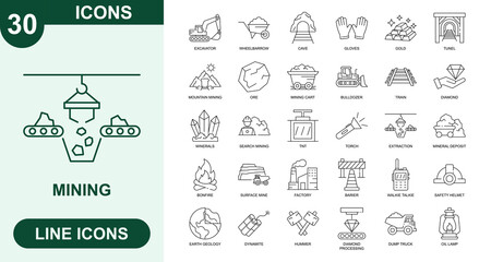 Mining, Outline Vector Icons. Editable Stroke Icons Set. excavator, wheelbarrow, cave, gloves, gold, tunnel, mountain mining, ore, mining cart, bulldozer and more. © xirazend