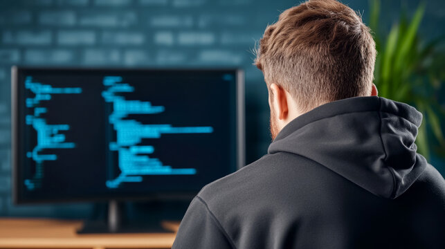 Male programmer working on code in a modern office environment
