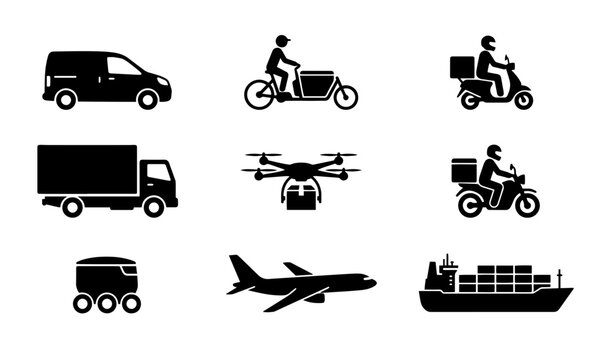Delivery Icons: Van, Scooter, Drone, Truck, Bicycle, Plane, Ship, Cargo Vehicle