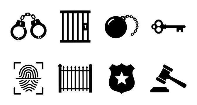 Justice Icons: Handcuffs, Jail Cell, Ball and Chain, Key, Fingerprint, Gavel, Badge