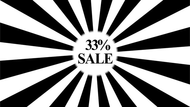 33% sale event advertisement with radiating black and white stripes and centered text  4k video.