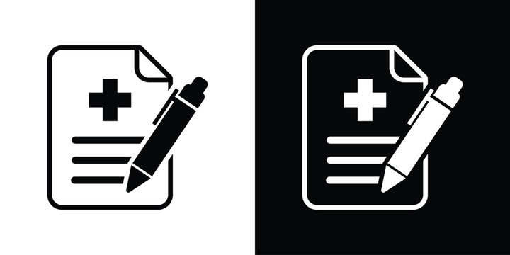 Medical prescription document icon with pencil. Black and white minimalist vector graphics for healthcare and digital rx.
