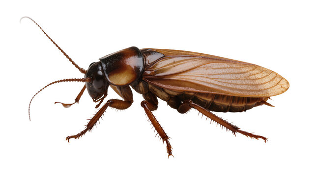 Isolated brown American cockroach insect pest with long antennae, shiny wings, and segmented body