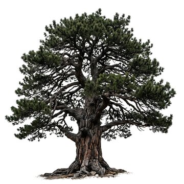 Pohon pinus tinggi yang megah berdiri tegak dengan latar belakang putih bersih, menunjukkan bentuk alami yang sempurna.