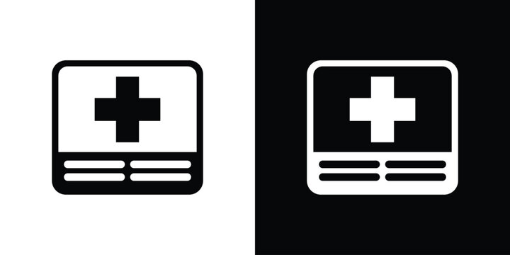 Digital health card or medical ID passport icon. Minimalist black and white patient information document graphic for healthcare.