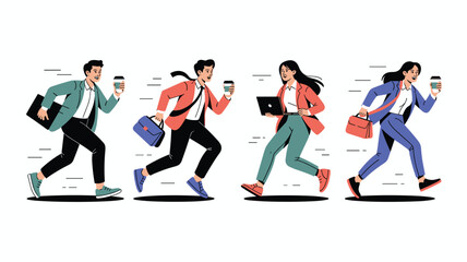 Fototapeta premium Group of four business people in suits running quickly while carrying coffee cups and briefcases or laptop bags.
