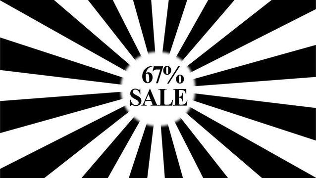 A dynamic radial graphic advertising a 67% sale, with bold black and white rays emanating from a central circle announcing the discount.