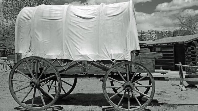old style Black and white movie.Simulated old photograph of a covered wagon on the Oregon trail, USA 