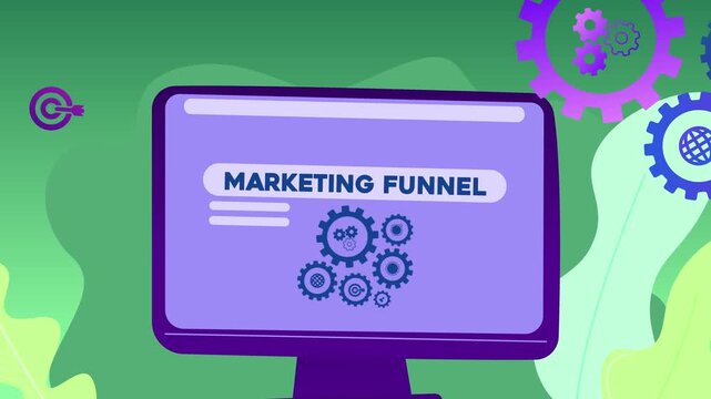 A computer screen displaying the text &ldquo;Marketing Funnel&rdquo; and illustrations of gears