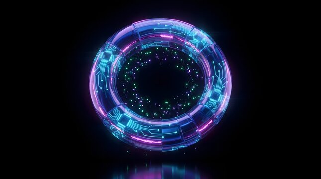 Futuristic glowing digital toroidal ring with circuit board patterns and glowing particles representing artificial intelligence