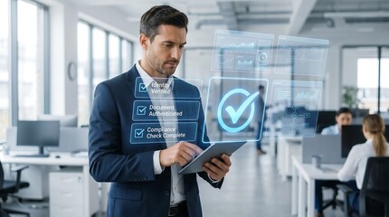 Fototapeta premium Businessman in suit holding tablet with virtual checkmark and documents floating above, symbolizing verification and approval in a modern office setting with technology