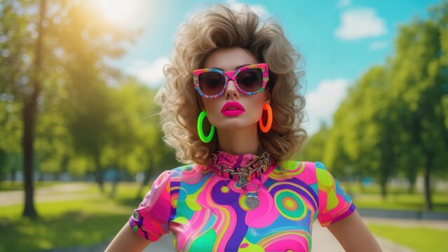 Stylish woman in vibrant retro outfit