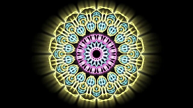 Vibrant glowing neon mandala animation with intricate circular patterns in pink blue and yellow lines