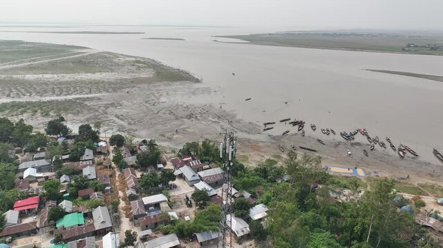 Aerial view of a rural bangladeshi village by the river
