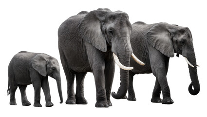 Isolated family of three African elephants, including adult and baby calf, walking in black and white. © Conor