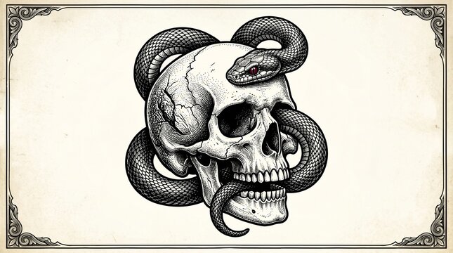 Detailed High Contrast Illustration of Skull with Snake