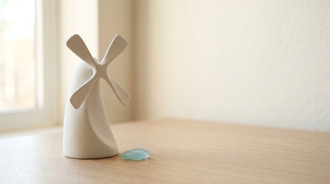 White decorative windmill sculpture on wooden table by the window  