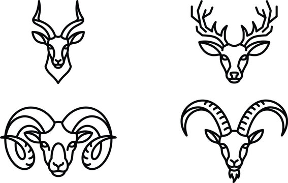 Horned animal head line icon vector set deer stag antelope ram goat ibex wildlife trophy hunting logo minimalist design