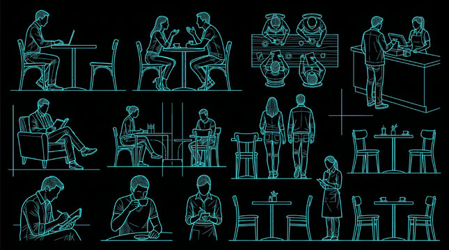 Detailed Caf&eacute; Visitor CAD Silhouette Collection &ndash; Coffee Shop Customers, Seated and Standing People, Social Interaction and Waiting Guests Technical Blueprint Vector Set Multi-View Cyan Outline on Bla