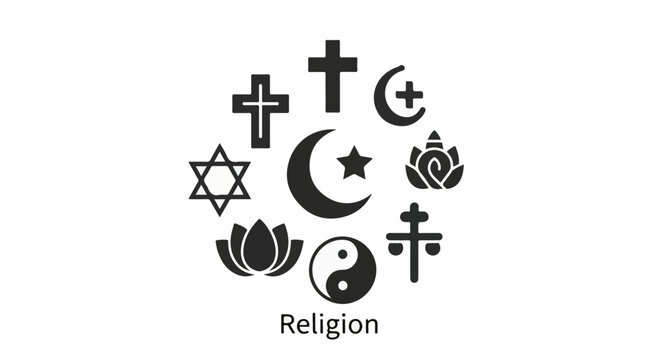 Diverse religious symbols arranged in a circle around the word "Religion