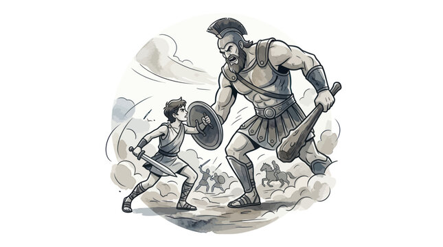 Brave young hero facing a massive giant warrior in battle