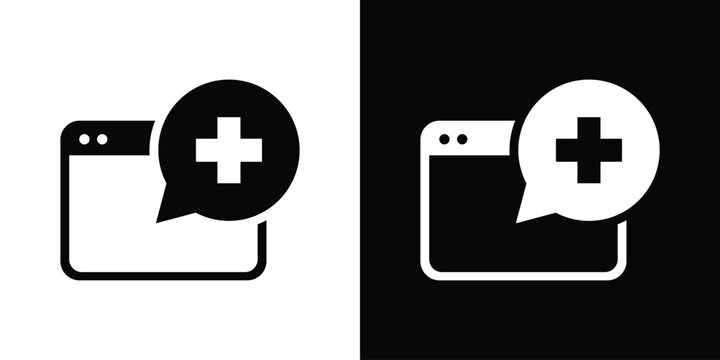 Web browser application icon featuring a medical cross speech bubble. Concept for digital emergency notifications, health chat portal, or support.