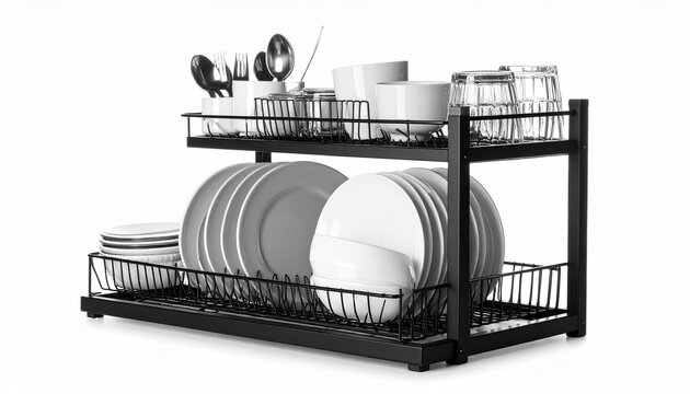 Black metal dish rack with glasses, bowls, plates, and silverware neatly arranged, minimalist design emphasizing order, cleanliness, and kitchen organization.