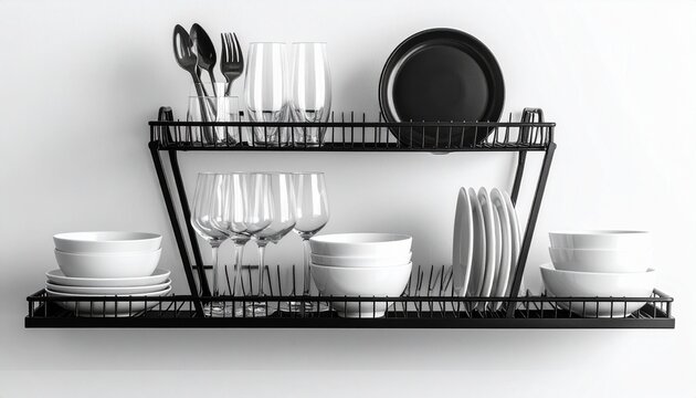 Black metal dish rack with glasses, bowls, plates, and silverware neatly arranged, minimalist design emphasizing order, cleanliness, and kitchen organization.
