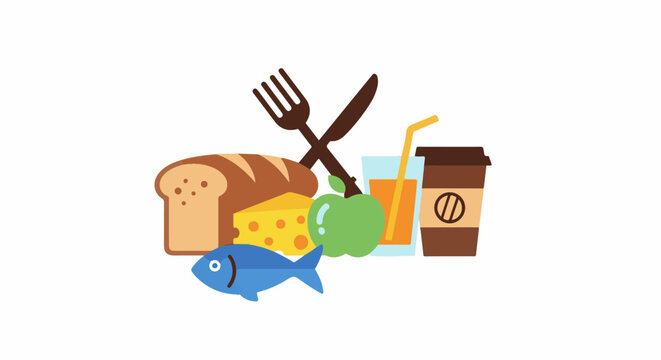 Diverse collection of food and drink items including bread, cheese, fish, apple, juice, and coffee