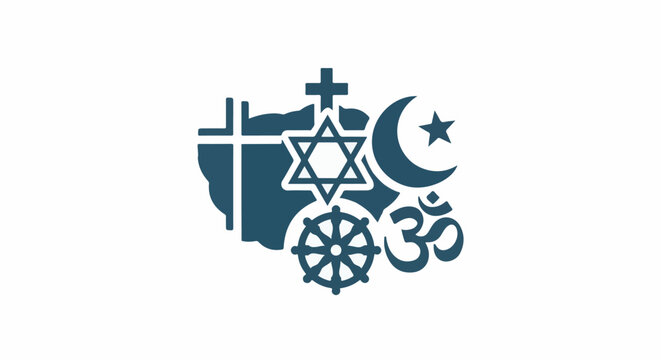 Collage of religious symbols including a cross, Star of David, crescent moon, Om, and Dharmachakra