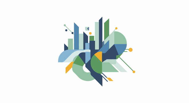Abstract geometric composition with vertical lines, curves, and circles in blue and green