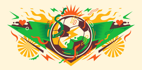 Obraz premium Vibrant retro soccer illustration with psychedelic shapes, lightning bolts, and energetic summer festival vibes.