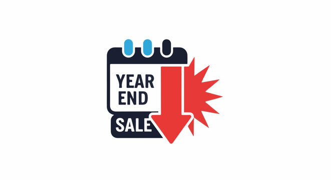 A graphic depicts a calendar icon with "Year End Sale" text, a downward red arrow, and a burst shape