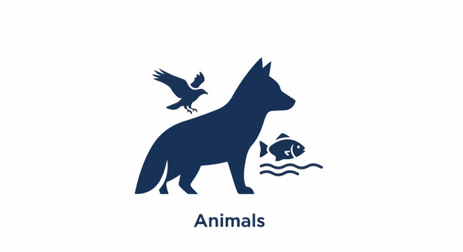Silhouette icons of a dog, bird, and fish on a white background