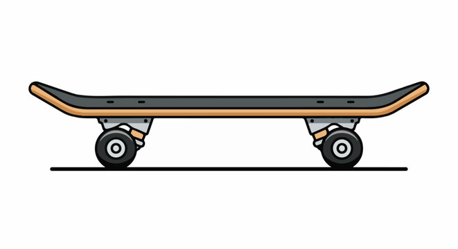 A flat, side-view illustration of a skateboard with black grip tape, wood-colored deck, and black wheels