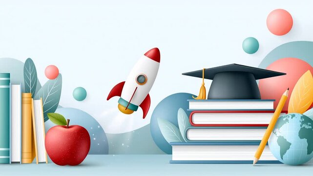 Stylized 3d animation of a rocket taking off from a graduation cap on books. Conceptual video representing education, achievement and growth