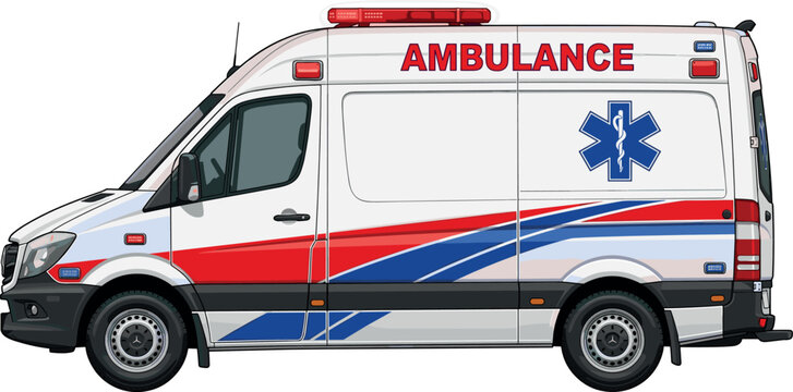 Modern Emergency Medical Ambulance Van Vector Illustration with Star of Life Symbol and Flashing Siren Lights for Healthcare Hospital Transport Designs