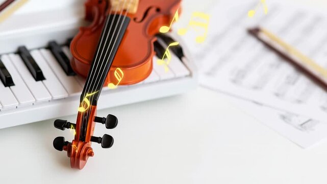 Animated musical notes flowing from violin on piano keys with sheet music. White background concept for music education and creation