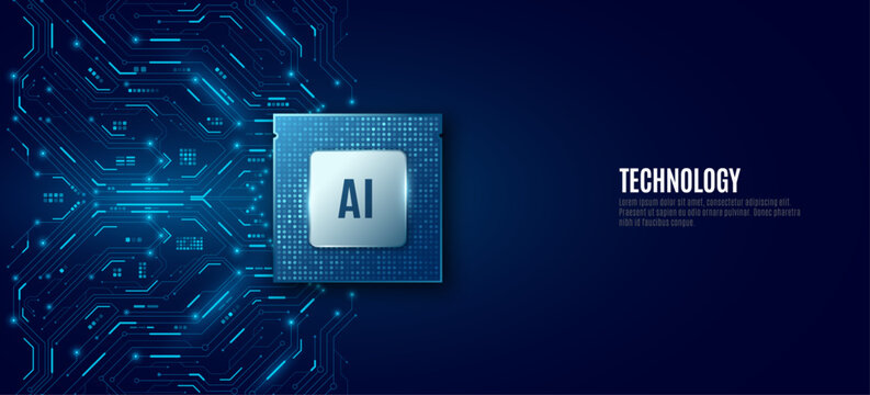 Futuristic CPU microchip with illuminated circuit board on dark blue background. Glowing hi-tech motherboard with data connections, processor and electronic elements for AI design. Vector.
